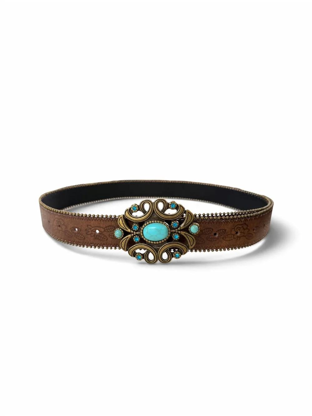 Vintage Western Turquoise Tooled Leather Belt – 45”
